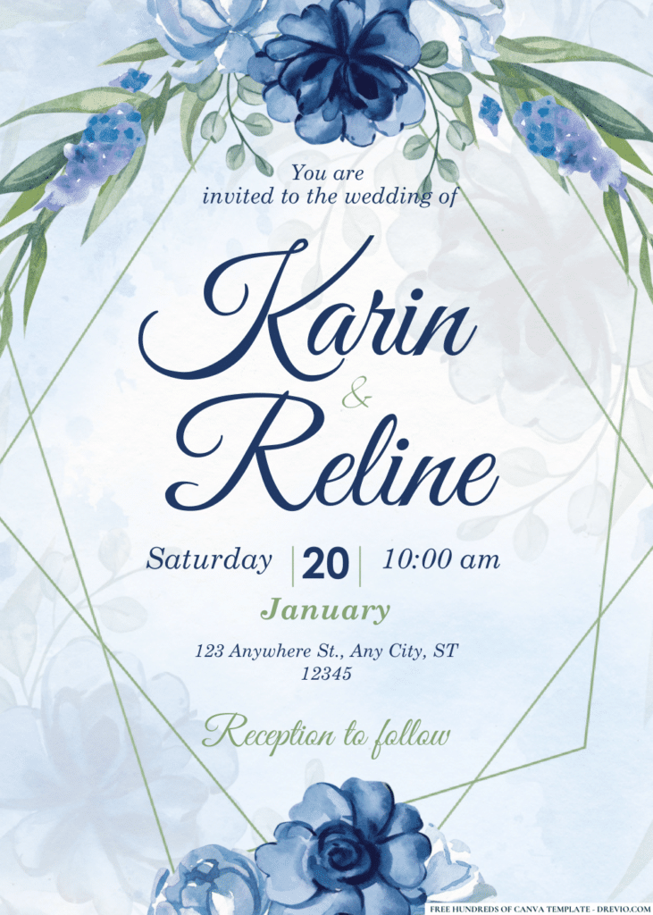 Blue Roses Peonies Bouquet Wedding Invitations