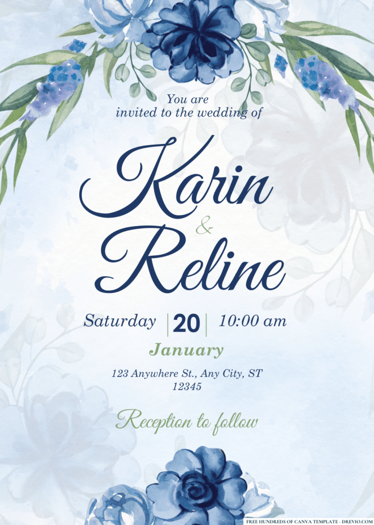 Blue Roses Peonies Bouquet Wedding Invitations