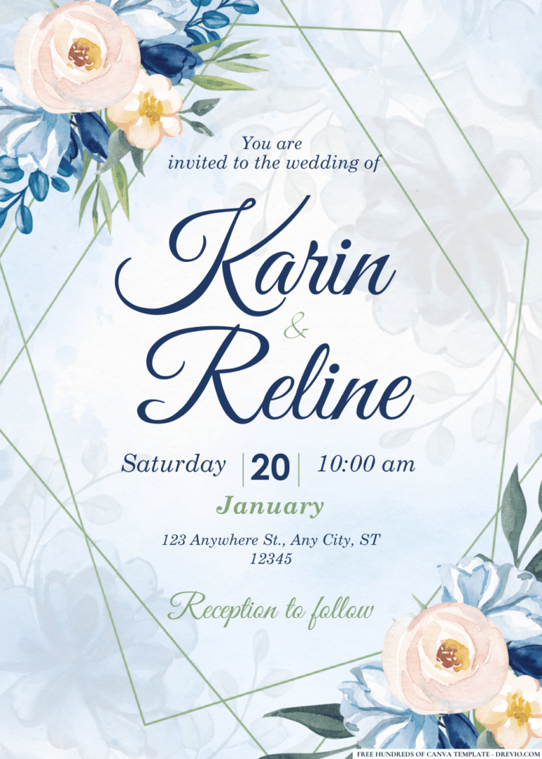 Blue Roses Peonies Bouquet Wedding Invitations