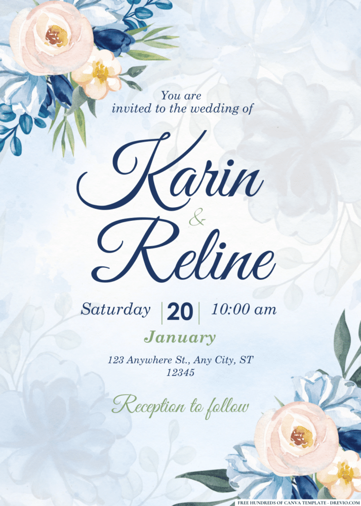 Blue Roses Peonies Bouquet Wedding Invitations