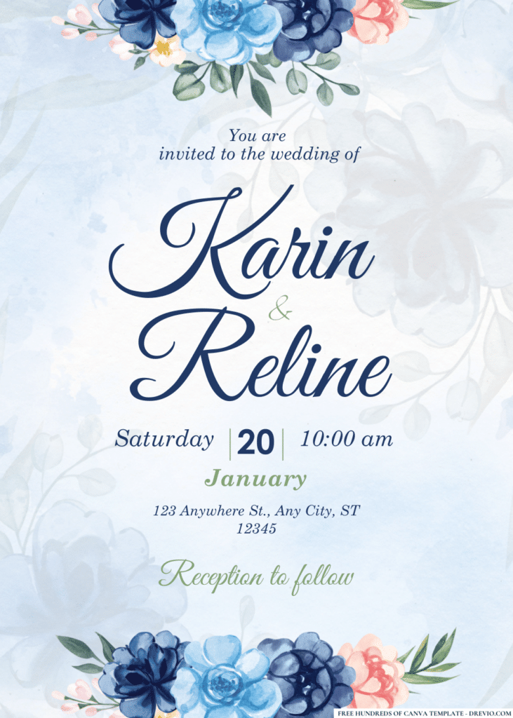 Blue Roses Peonies Bouquet Wedding Invitations