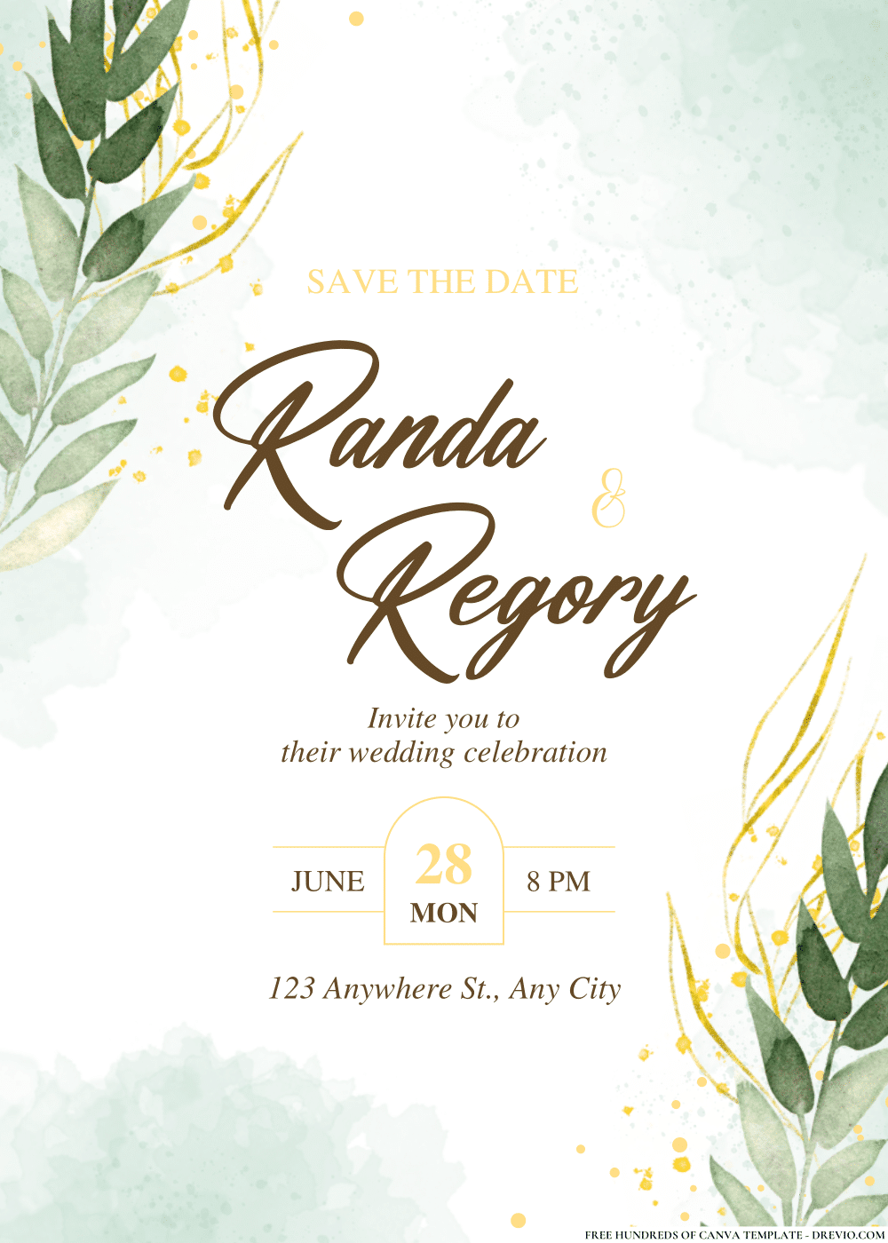 FREE PDF Invitation – Gold Leaf Eucalyptus Watercolor Wedding Invitations