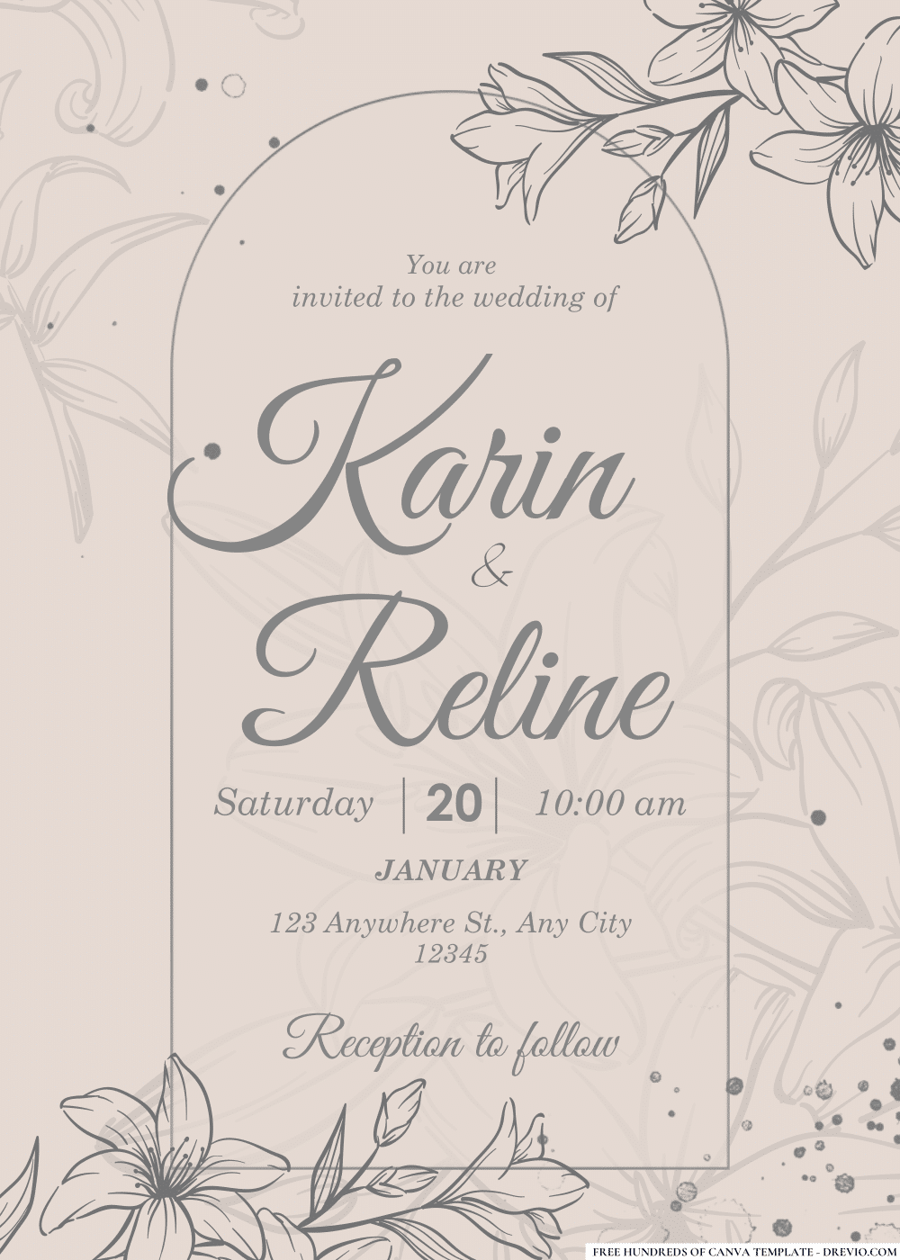 FREE PDF Invitation – Line Gray Detail Flowers Wedding Invitations