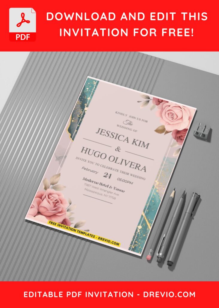 Marble Floral Wedding Invitation Templates
