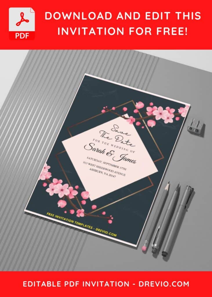 Gold Frame Sakura Wedding Invitation Templates