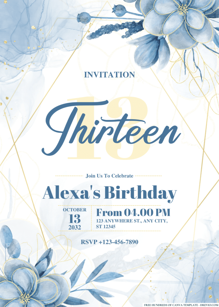 Watercolor Blue Magnolia Flower Birthday Invitations