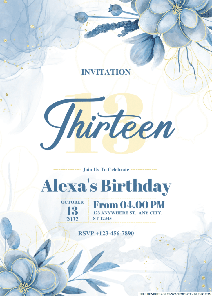 Watercolor Blue Magnolia Flower Birthday Invitations