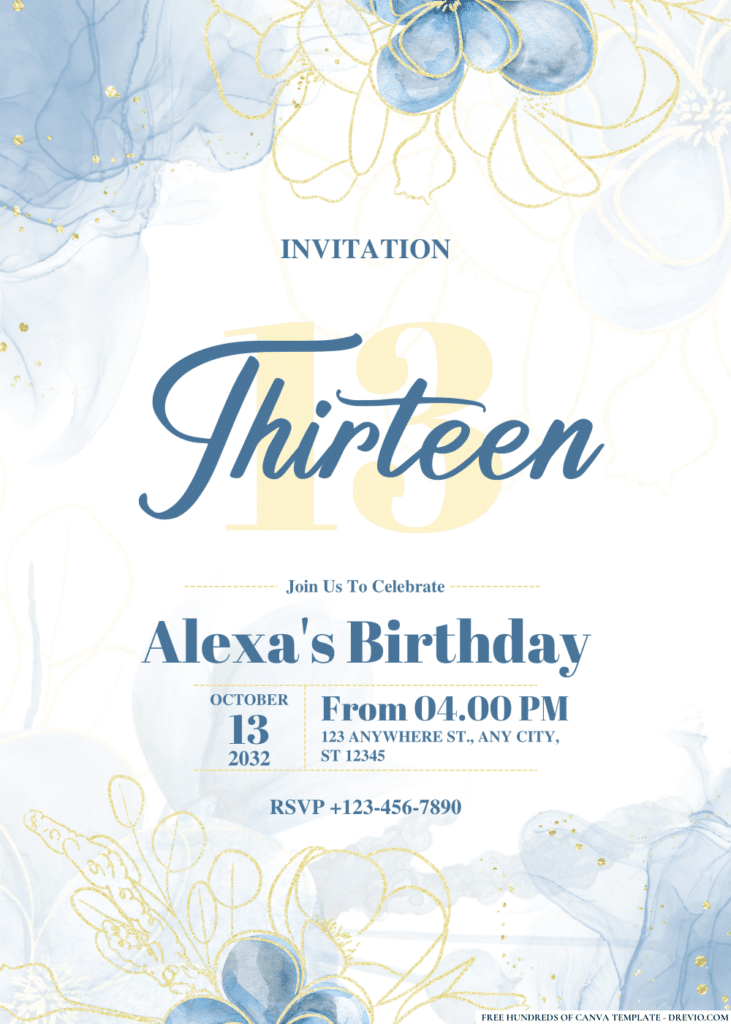 Watercolor Blue Magnolia Flower Birthday Invitations