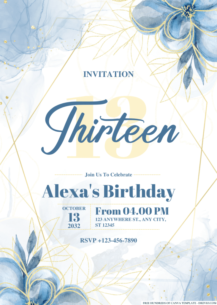 Watercolor Blue Magnolia Flower Birthday Invitations