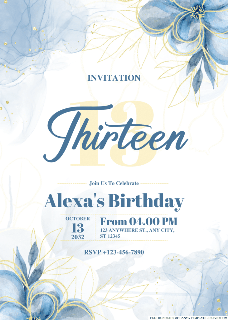 Watercolor Blue Magnolia Flower Birthday Invitations