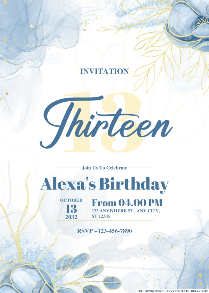 Watercolor Blue Magnolia Flower Birthday Invitations