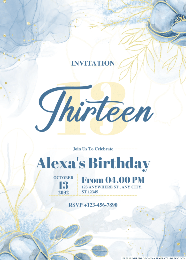 Watercolor Blue Magnolia Flower Birthday Invitations