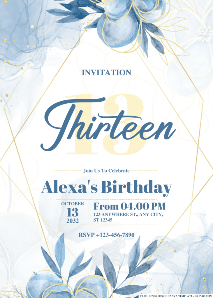 Watercolor Blue Magnolia Flower Birthday Invitations