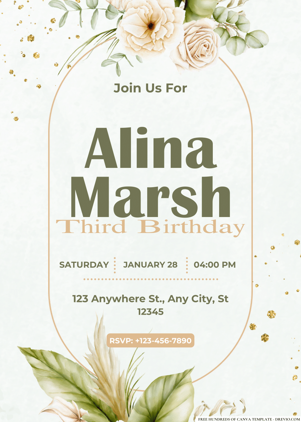 FREE PDF Invitation – Delicate Green & Beige Floral Birthday Invitations