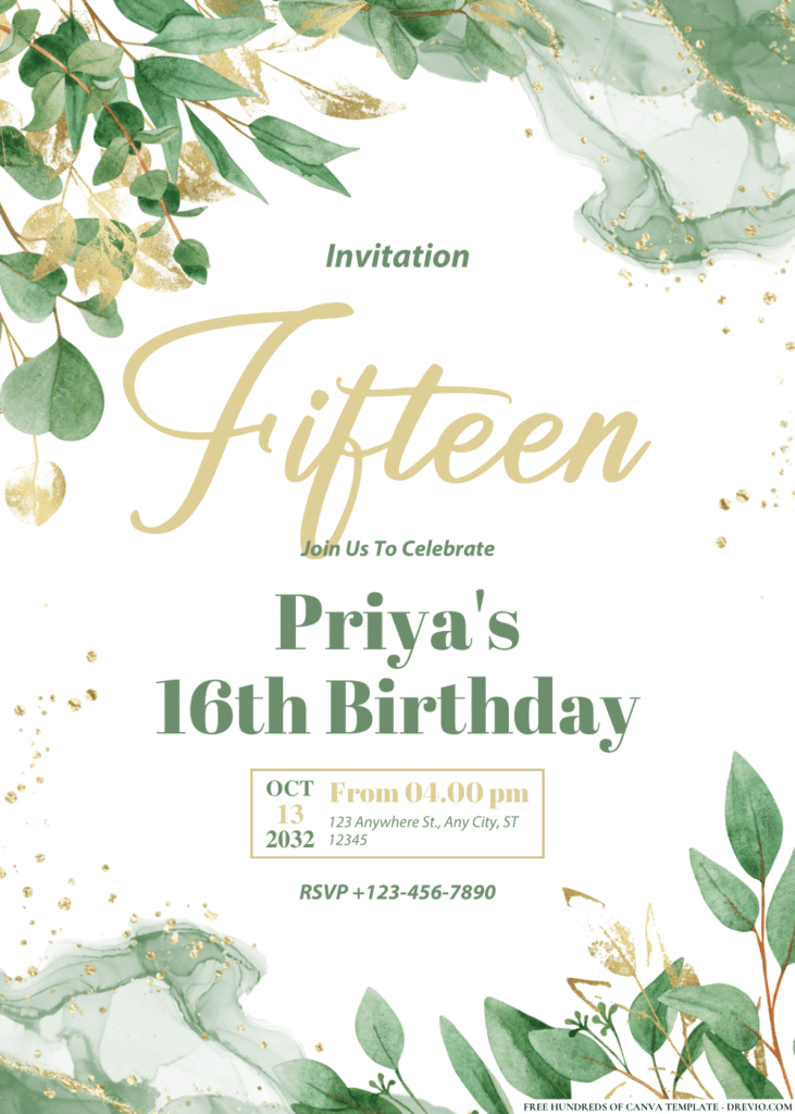 Eucalyptus Green and Gold Leaves Birthday Invitations