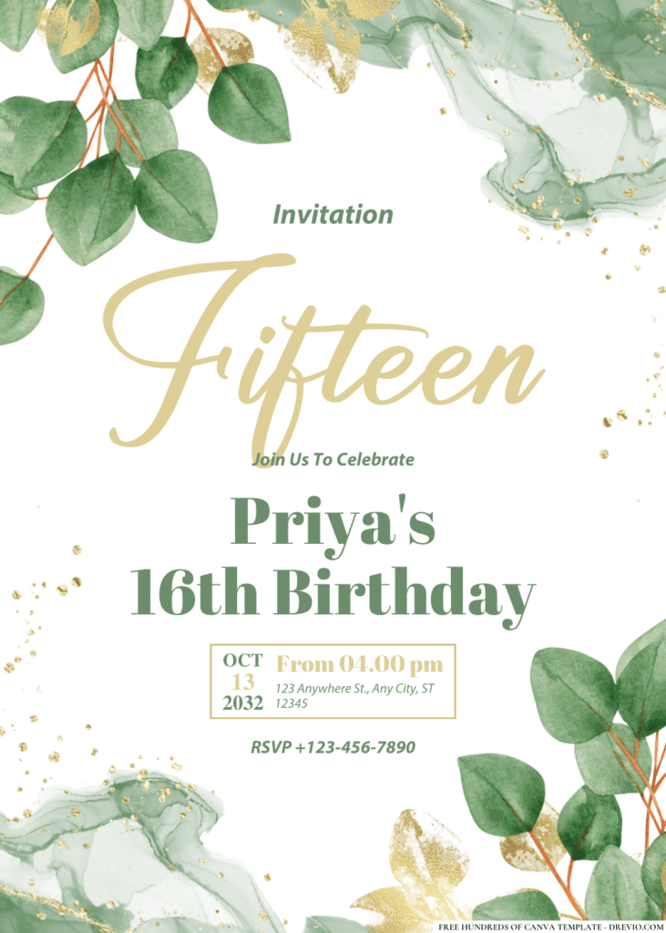 Eucalyptus Green and Gold Leaves Birthday Invitations