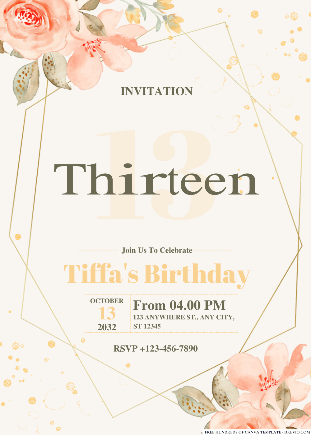 FREE PDF Invitation – Watercolor Peach Rose Bouquet Line Birthday Invitations