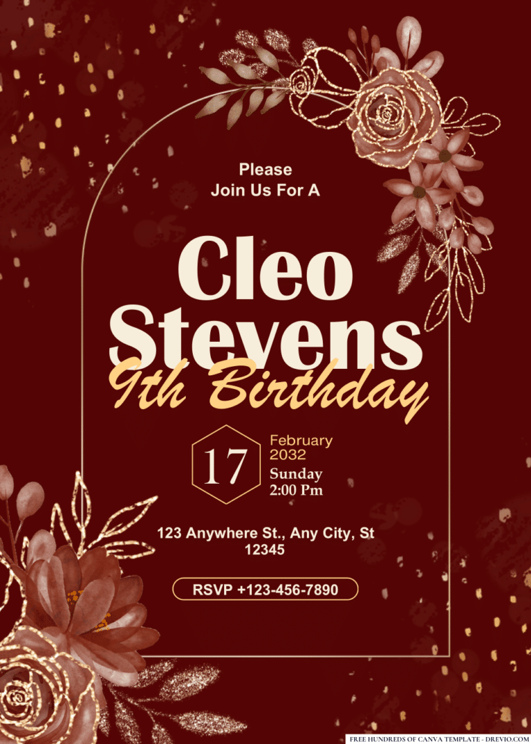 Glittery Rose Burgundy Flower Birthday Invitation