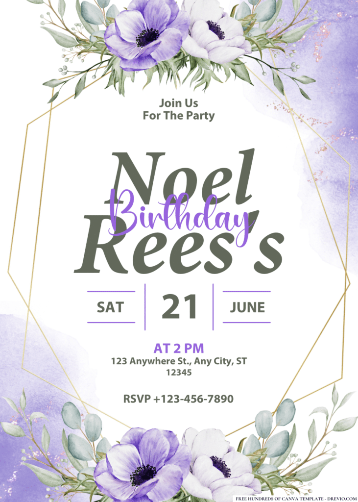 Purple Anemone Watercolor Birthday Invitations