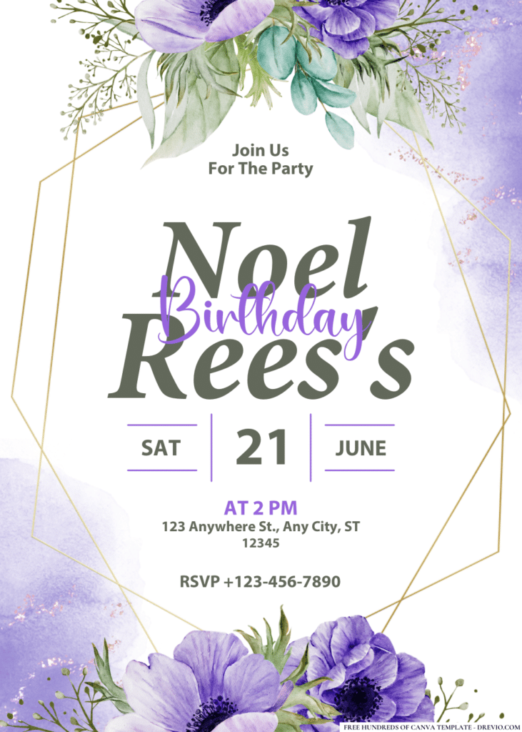 Purple Anemone Watercolor Birthday Invitations