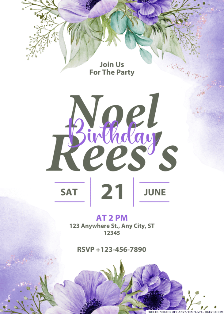 Purple Anemone Watercolor Birthday Invitations
