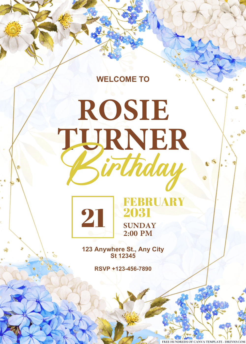 FREE PDF Invitation – Blue White Jasmine Hydrangea Rose Birthday Invitations