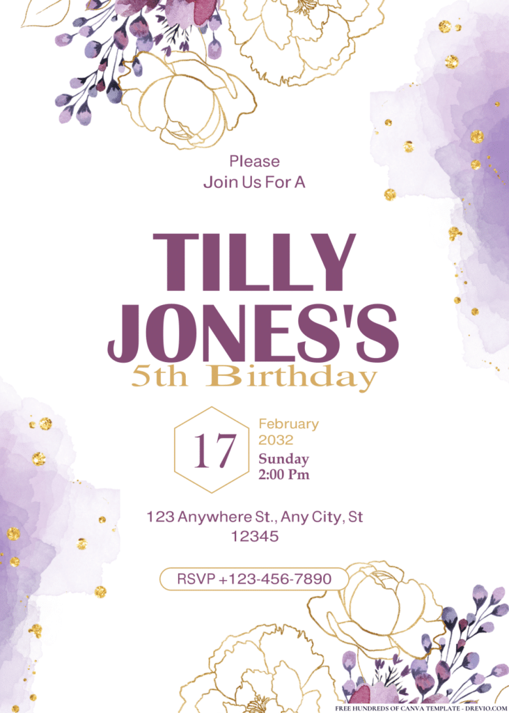 Watercolor Purple and Golden Peonies Birthday Invitations