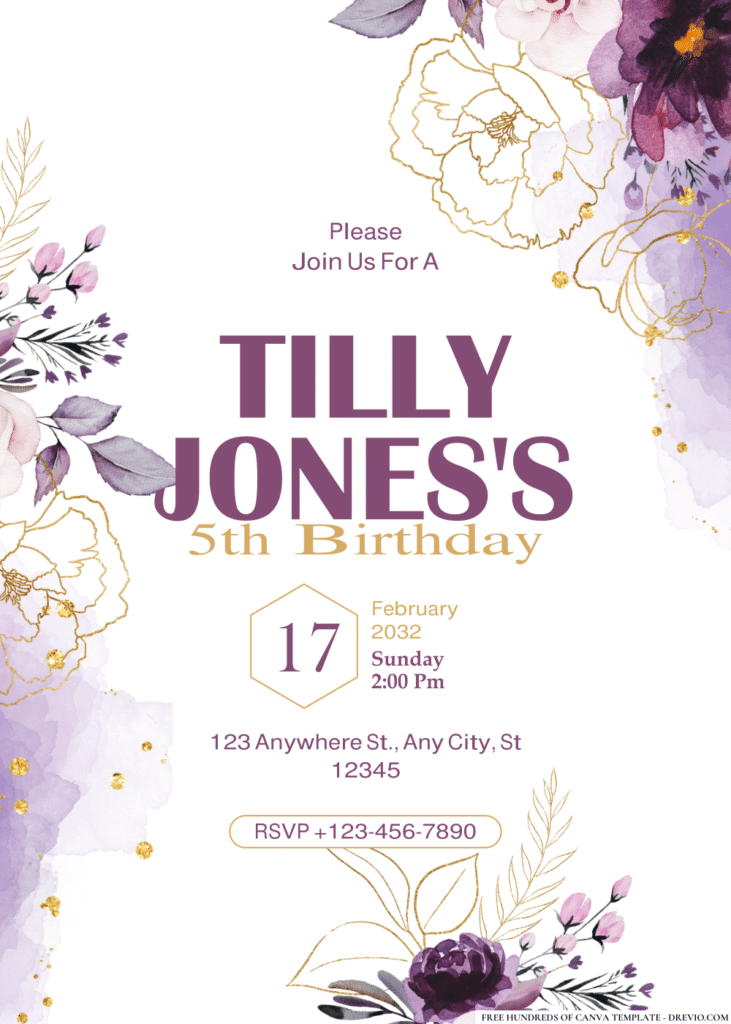Watercolor Purple and Golden Peonies Birthday Invitations