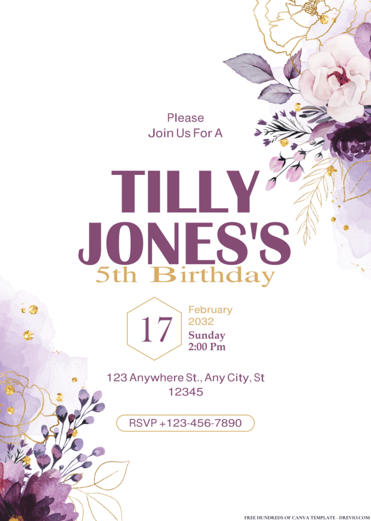 Watercolor Purple and Golden Peonies Birthday Invitations
