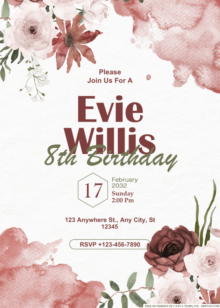 Burgundy White Floral Rose Watercolor Birthday Invitations