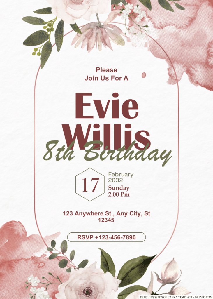 Burgundy White Floral Rose Watercolor Birthday Invitations