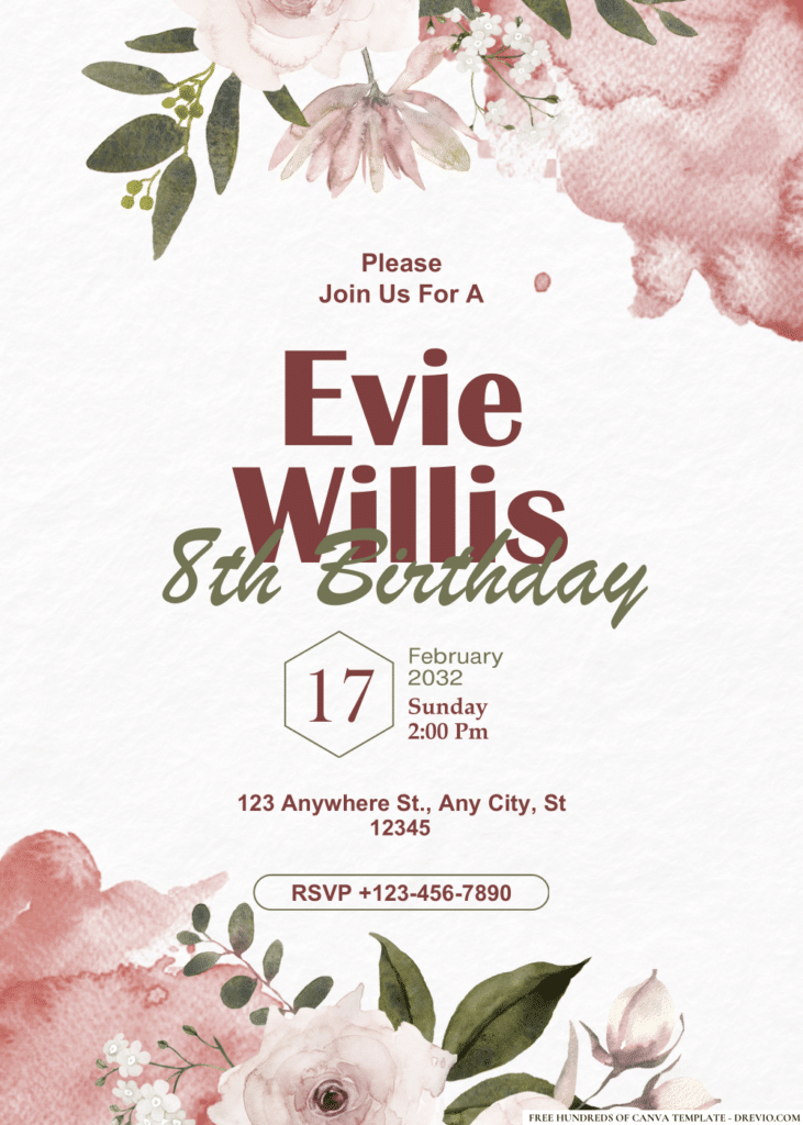 Burgundy White Floral Rose Watercolor Birthday Invitations
