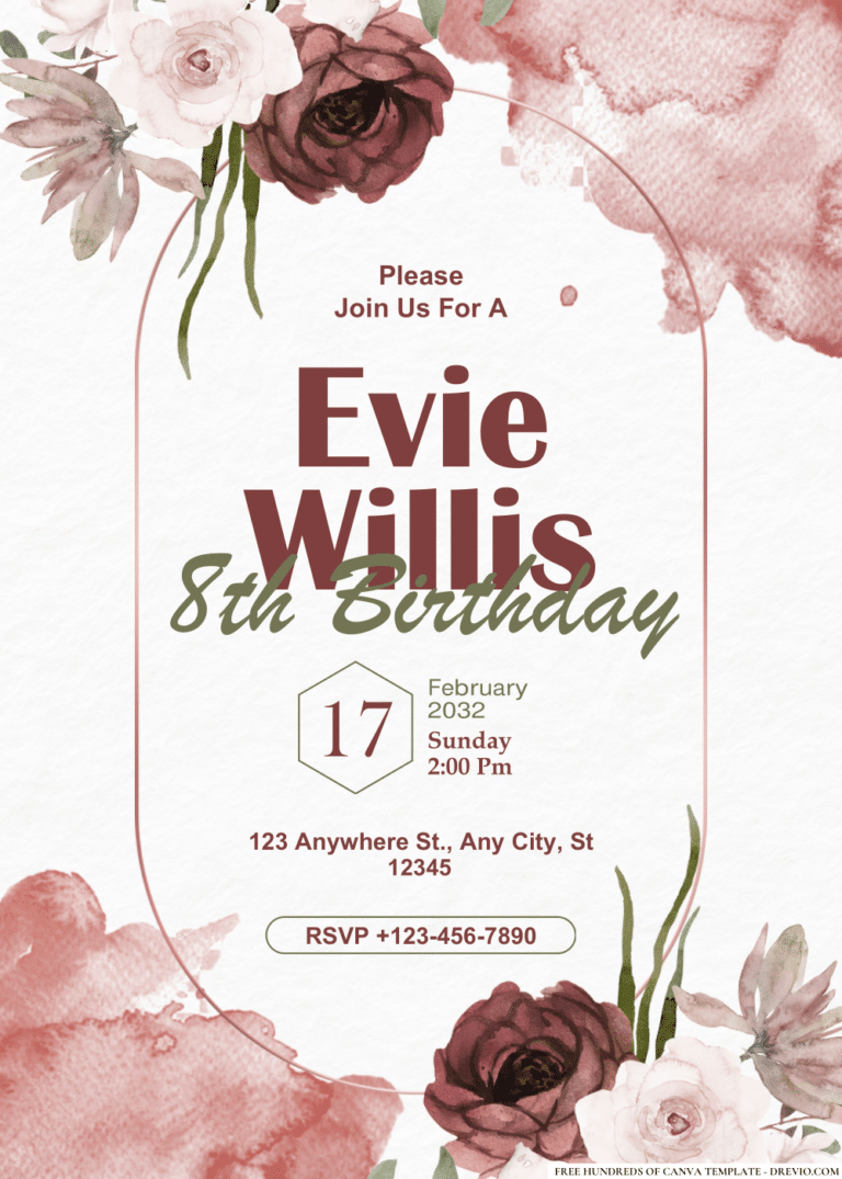 Burgundy White Floral Rose Watercolor Birthday Invitations