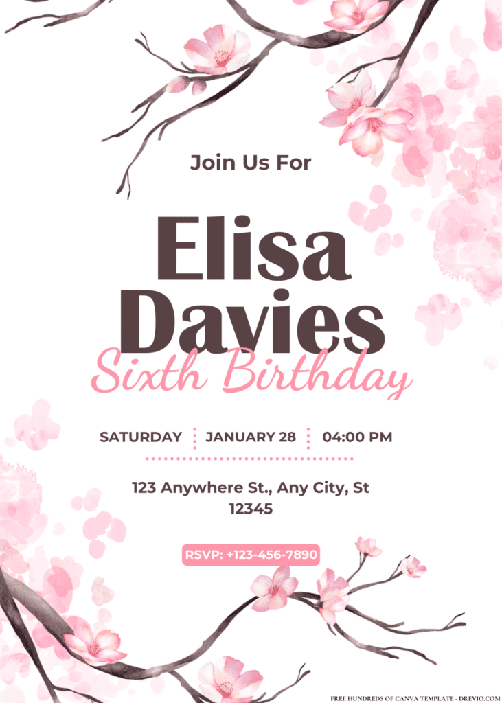 Cherry Blossom Watercolor Birthday Invitations