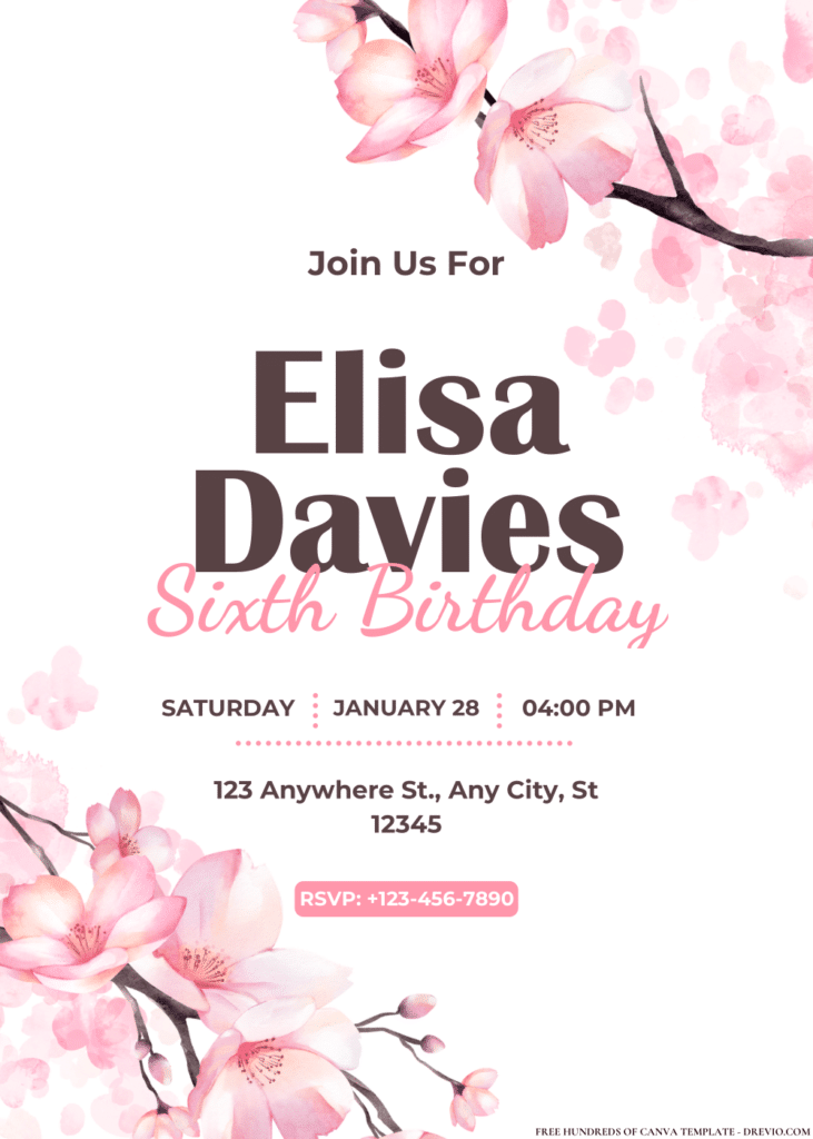 Cherry Blossom Watercolor Birthday Invitations