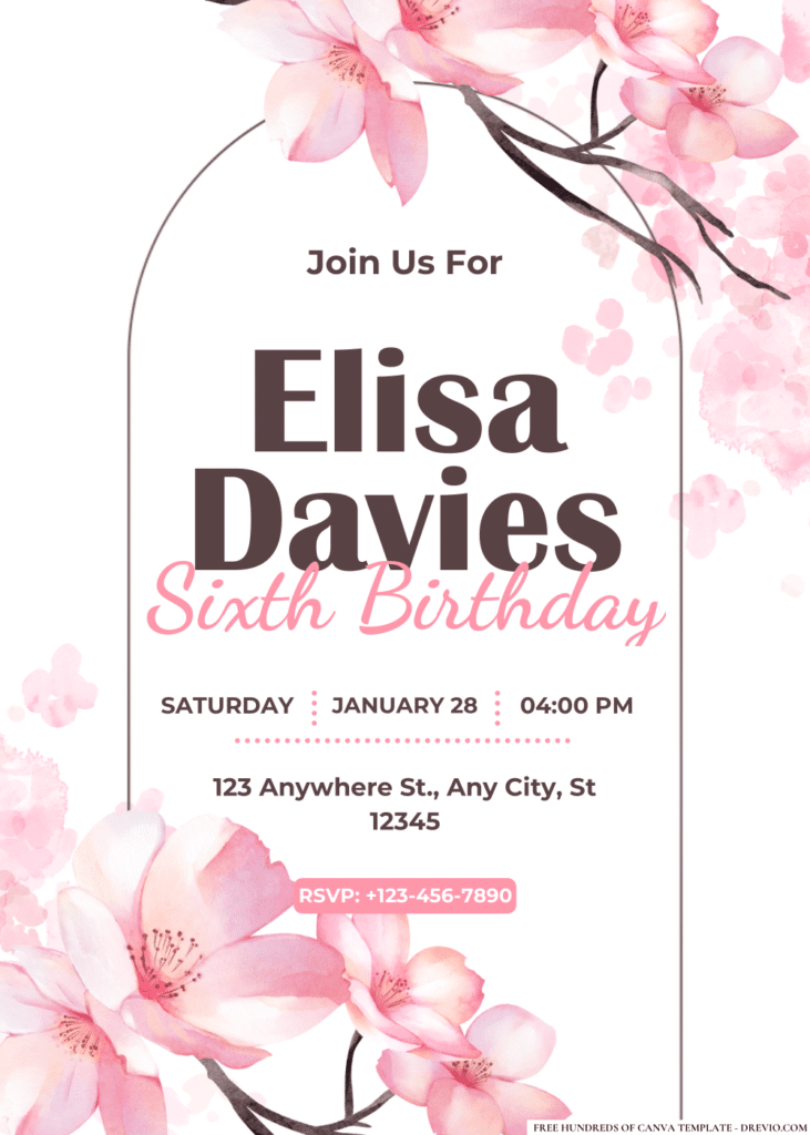 Cherry Blossom Watercolor Birthday Invitations