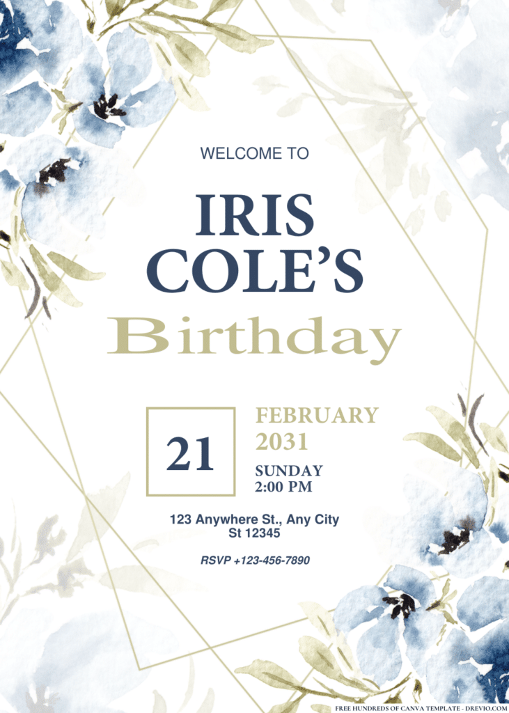 Blue Hand Drawn Flowers Birthday Invitations
