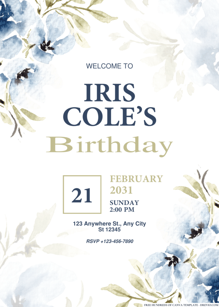 Blue Hand Drawn Flowers Birthday Invitations