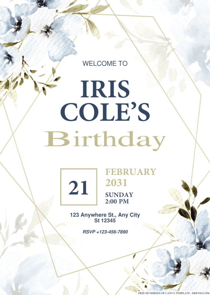 Blue Hand Drawn Flowers Birthday Invitations