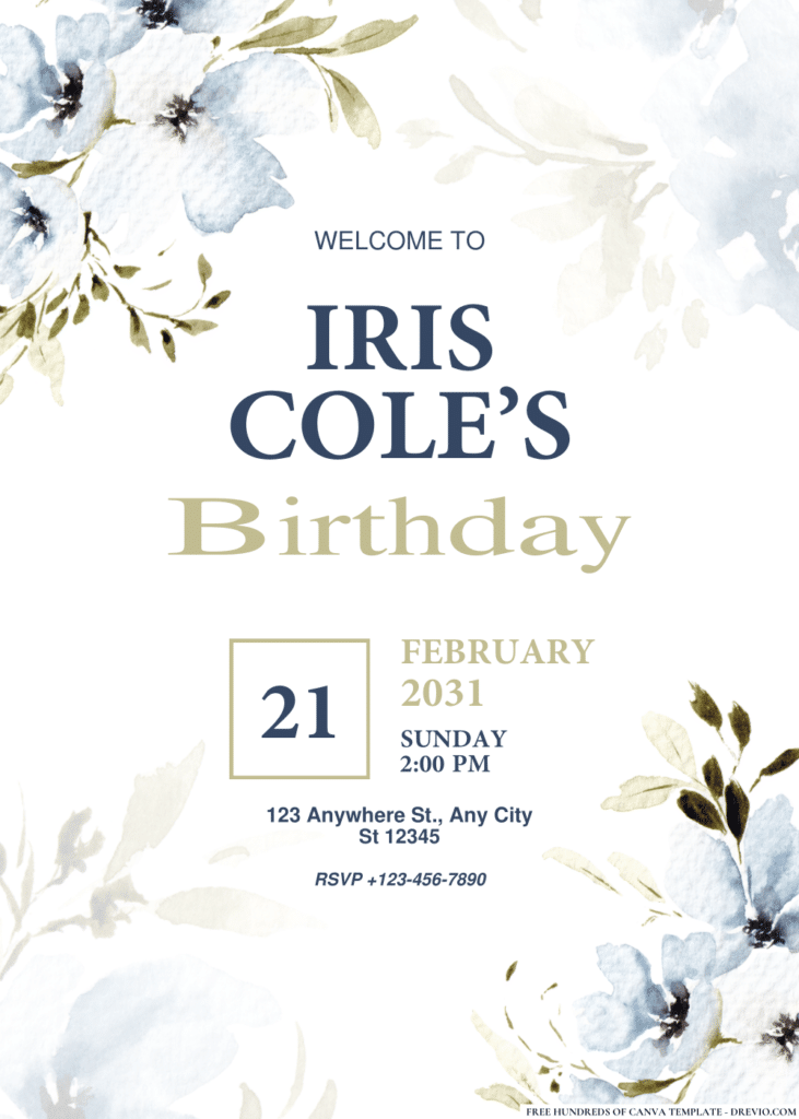 Blue Hand Drawn Flowers Birthday Invitations