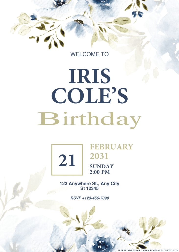 Blue Hand Drawn Flowers Birthday Invitations