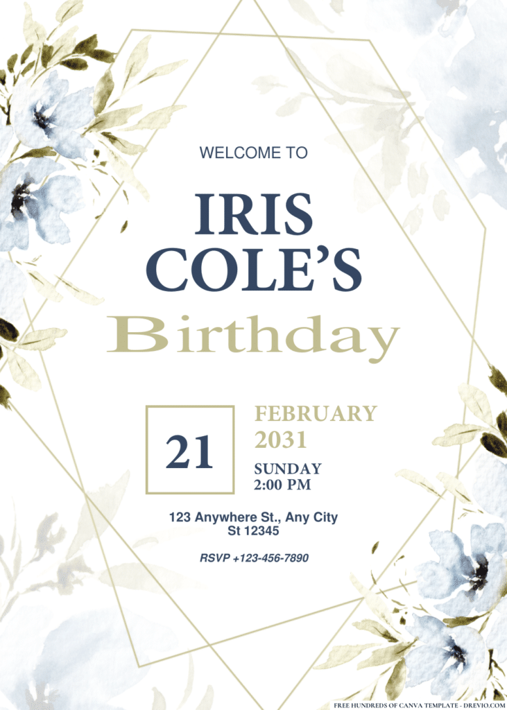 Blue Hand Drawn Flowers Birthday Invitations