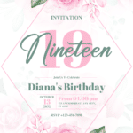 FREE PDF Invitation – Pink Roses and Green Leaves Birthday Invitations