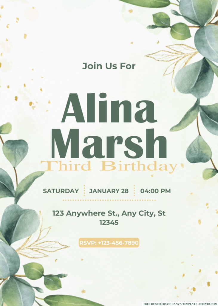 Green Wreath Eucalyptus Leaves Birthday Invitations