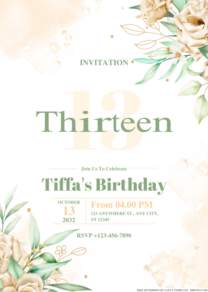 White Roses Bouquet and Branches Birthday Invitations