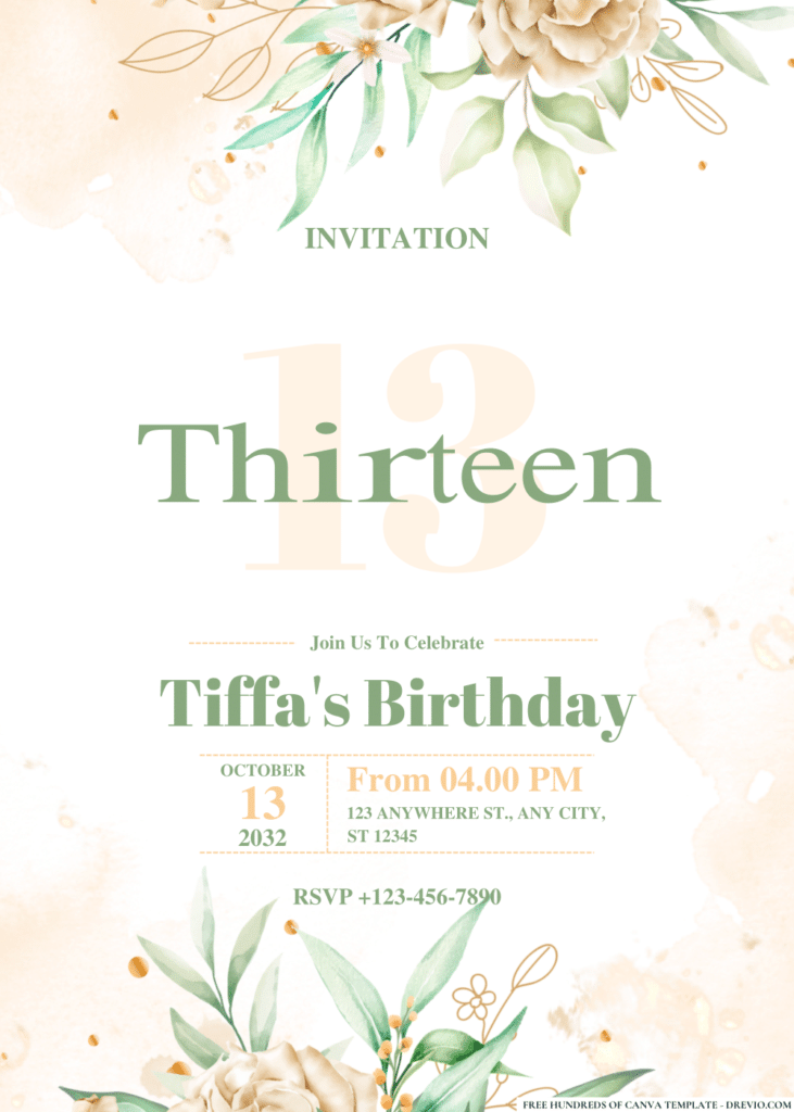 White Roses Bouquet and Branches Birthday Invitations