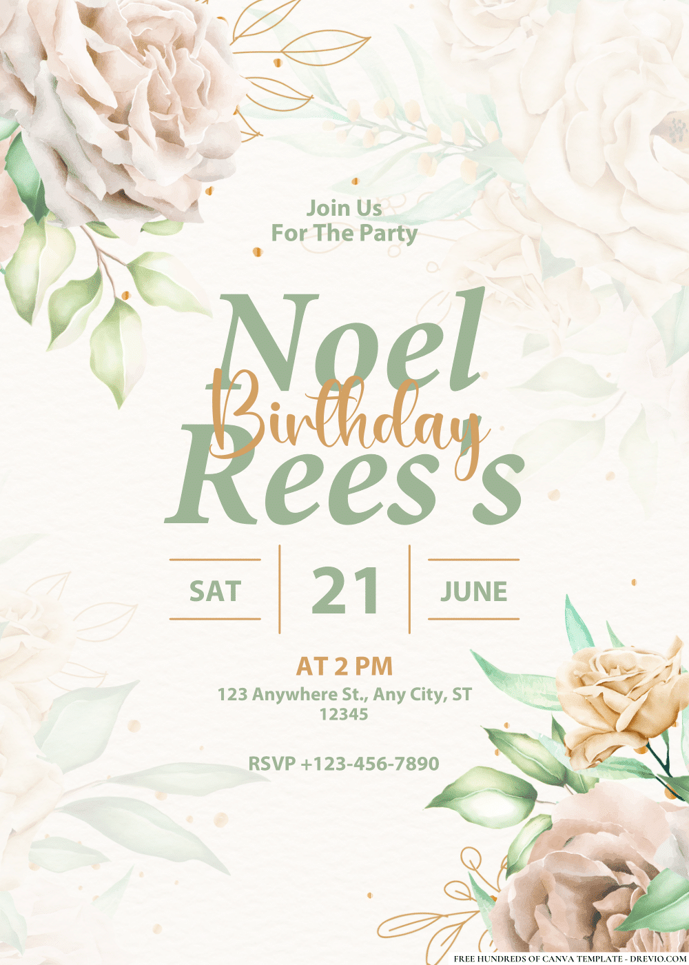 FREE PDF Invitation – White Roses and Eucalyptus Leaves Birthday Invitations