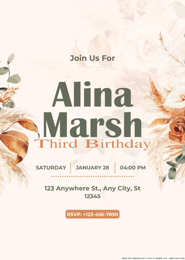 Pampas Brown Floral Birthday Invitations