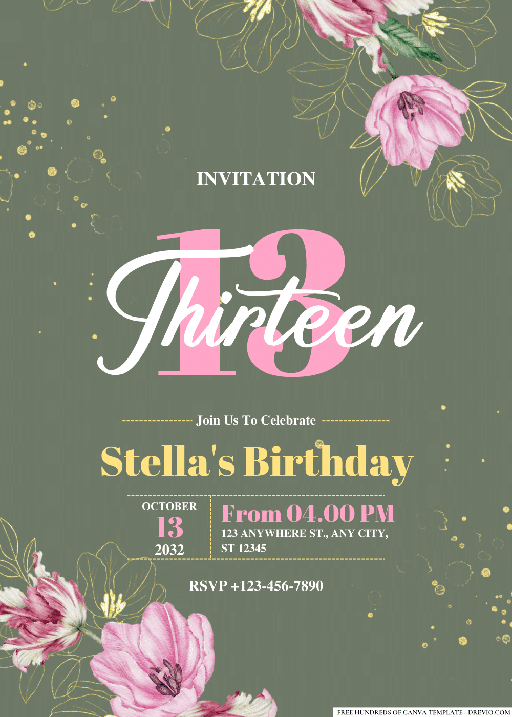 FREE PDF Invitation – Watercolor Floral Botanical Pink Tulip Birthday Invitations