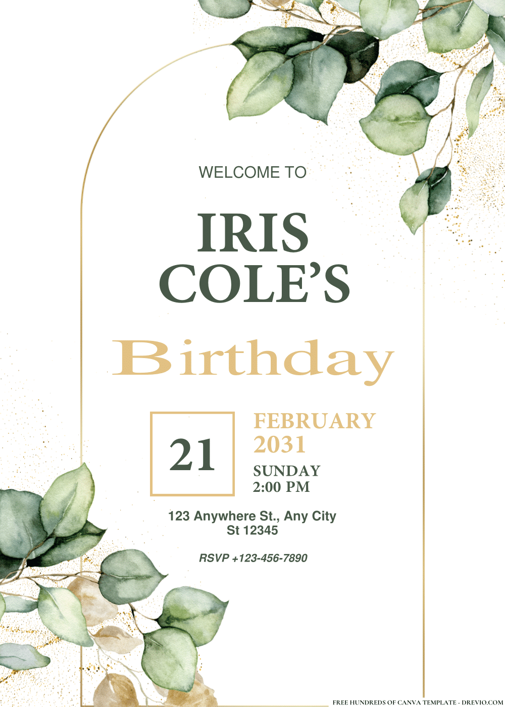 FREE PDF Invitation – Gold and Green Eucalyptus Birthday Invitations